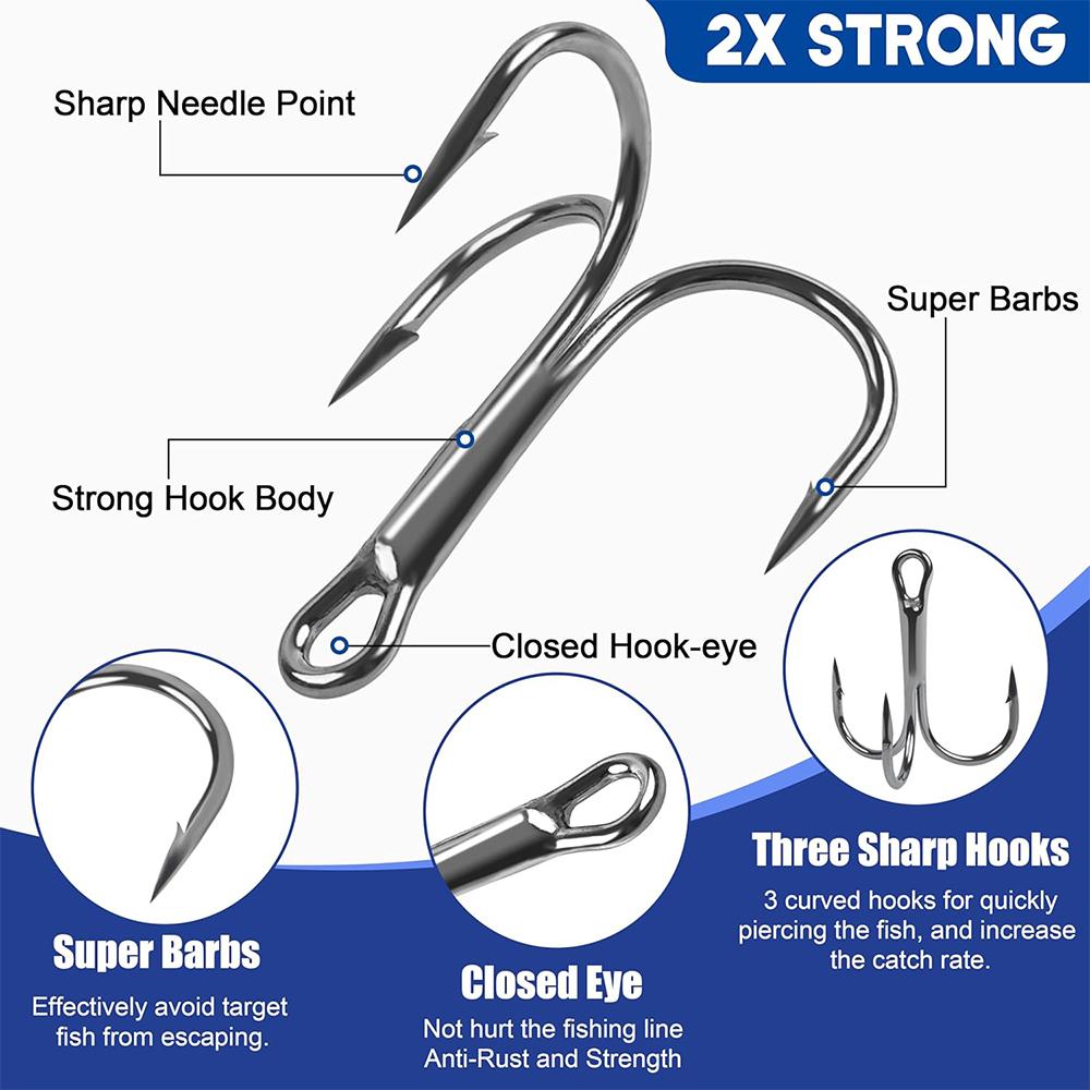 170Pcs Fishing Treble Hooks Kit High Carbon Steel Treble Hook Strong Sharp Round Bend Fishing Triple Hooks with Split Rings