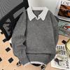 Women's Gray Color Block Faux Two-Piece Sweater with Turn-Down Collar - Autumn Lazy Style Knit Top