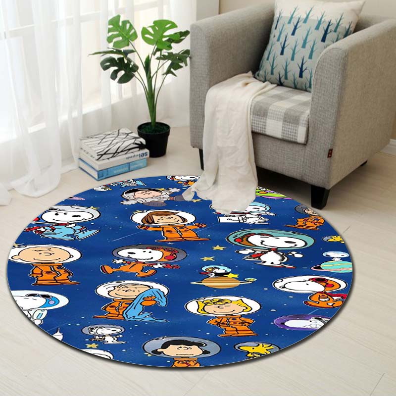 Kawaii Snoopy Round Rug Cute Cartoon Printed Circular Carpet Anti-Slip Floor Mat for Kids Room Nursery Decor