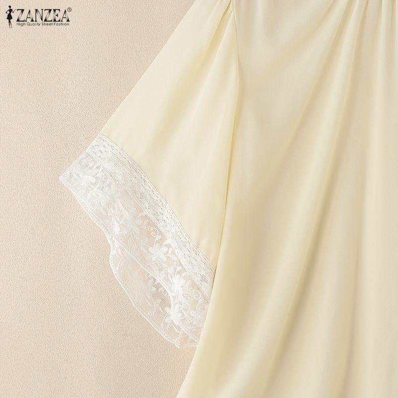 ZANZEA Women Casual Round Neck Lace Splice 3/4 Sleeve Loose Blouse