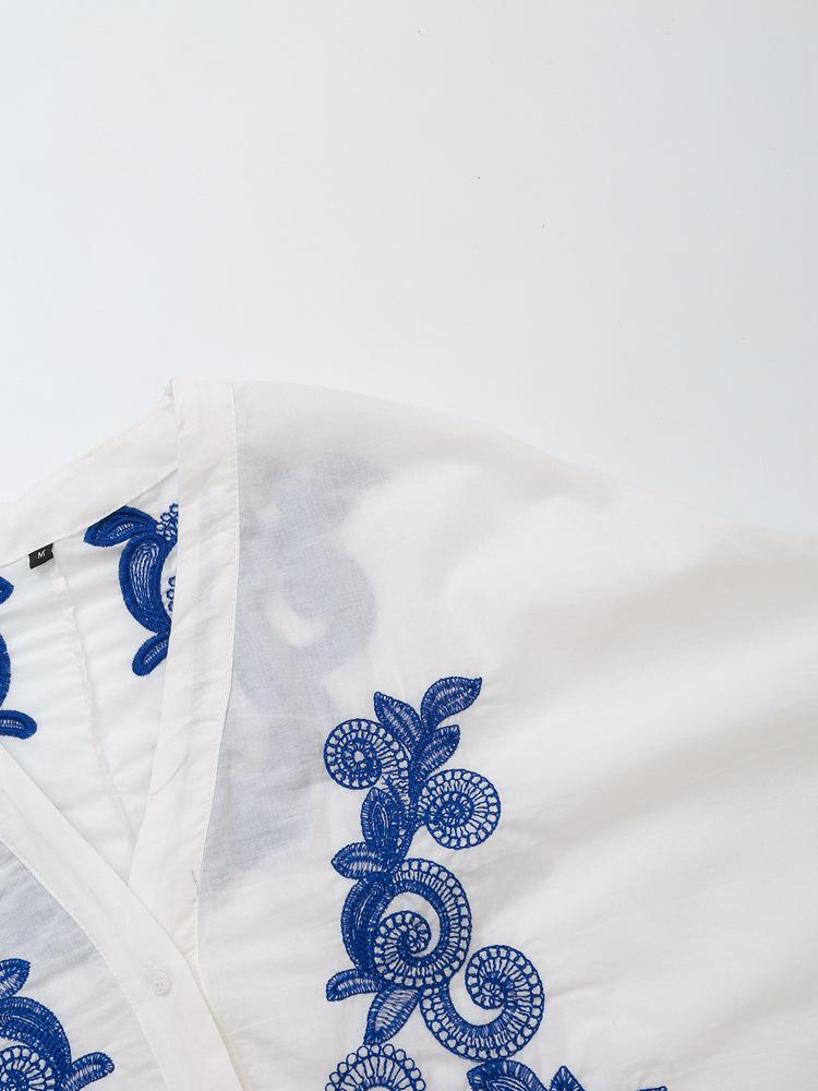 Dámský letní 2025 retro barevný blok vyšívaný set košile a midi sukně