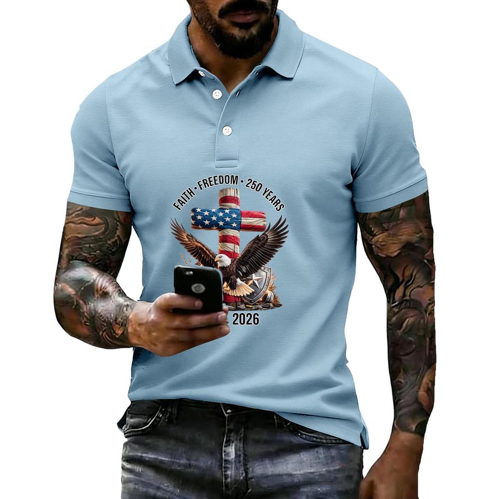 Men's Loose Fit Casual Short Sleeve Polo Shirt with Patriotic Graphic Print 250 Years Commemoration 1776-2026 Cotton Blend Comfortable Design