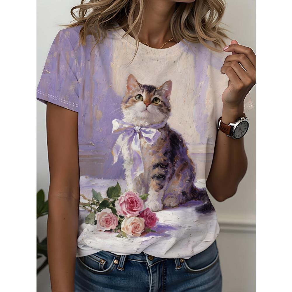 Женская футболка с ретро-принтом «Кошка и роза» (масляная живопись) XS