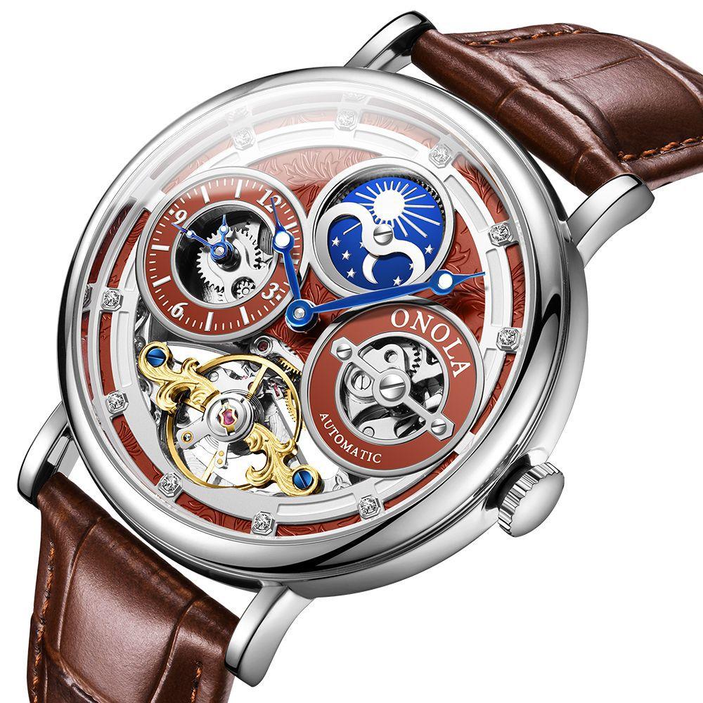 Fashion ONOLA Men Automatic Mechanical Watch Men Stainless Steel Skeleton Wristwatch Men Leather Strap Watch