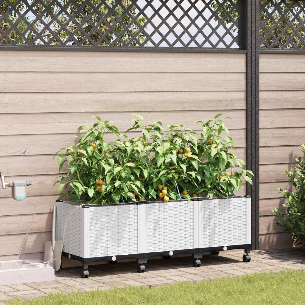 Garden Flower Pots with Irrigation and Wheels 3 Pieces White PP