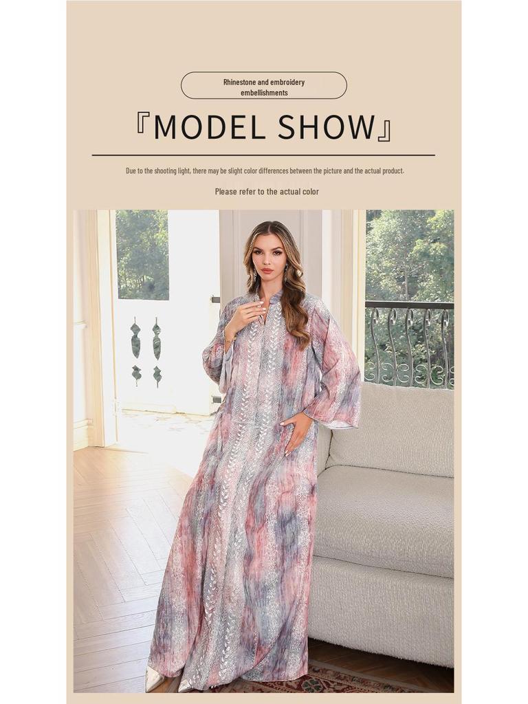 Elegantní abája s potiskem flitrů: Módní dlouhé islámské šaty pro ženy