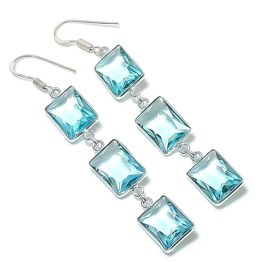 Natural Swiss Blue Topaz Gemstone 925 Sterling Silver Earring 3.07" k6M43