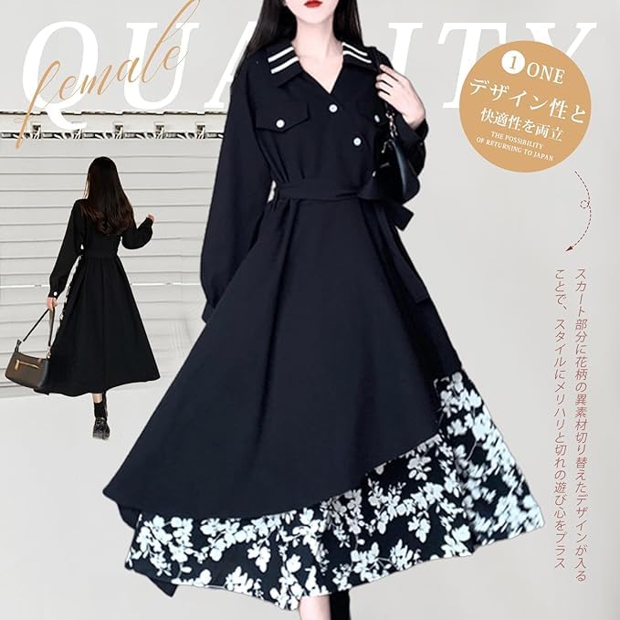 xppe Long Dress with Floral Women's V-Neck Belt, Print, A-Line, Flared, Black, Summer/Autumn