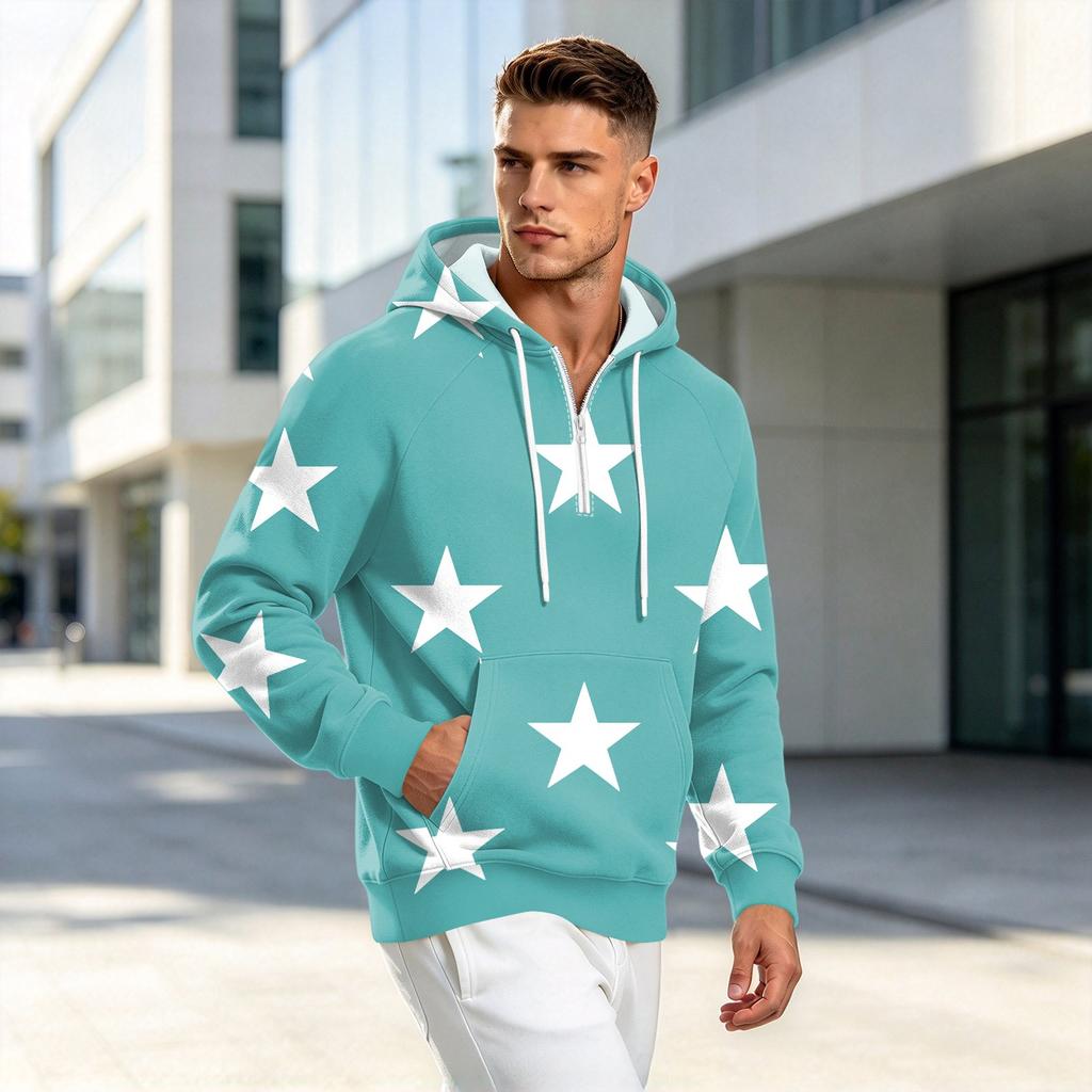 Men's Fall Print Zip-Up Hoodie, Casual Loose Fit Long Sleeve Sweatshirt Top