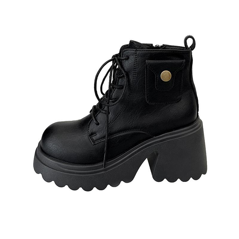 

Большого размера британские короткие ботильоны на высоком каблуке женские осенние новые ретро маффин на маленькой толстой подошве тонкие ботинки Мартин 42 чёрный