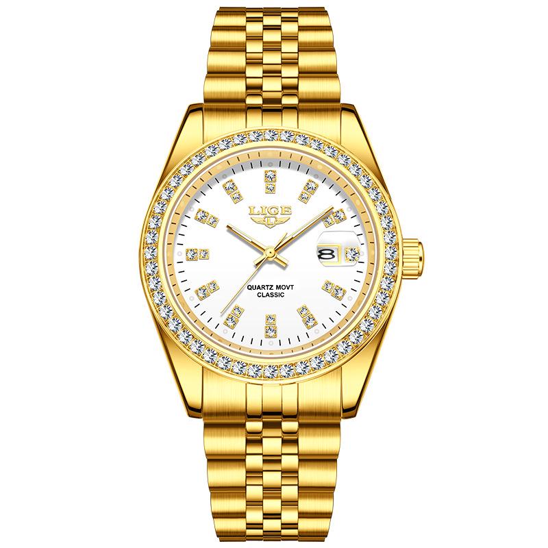 LIGE Men's Elegant Quartz Watch with Large Diamond-Inlaid Dial