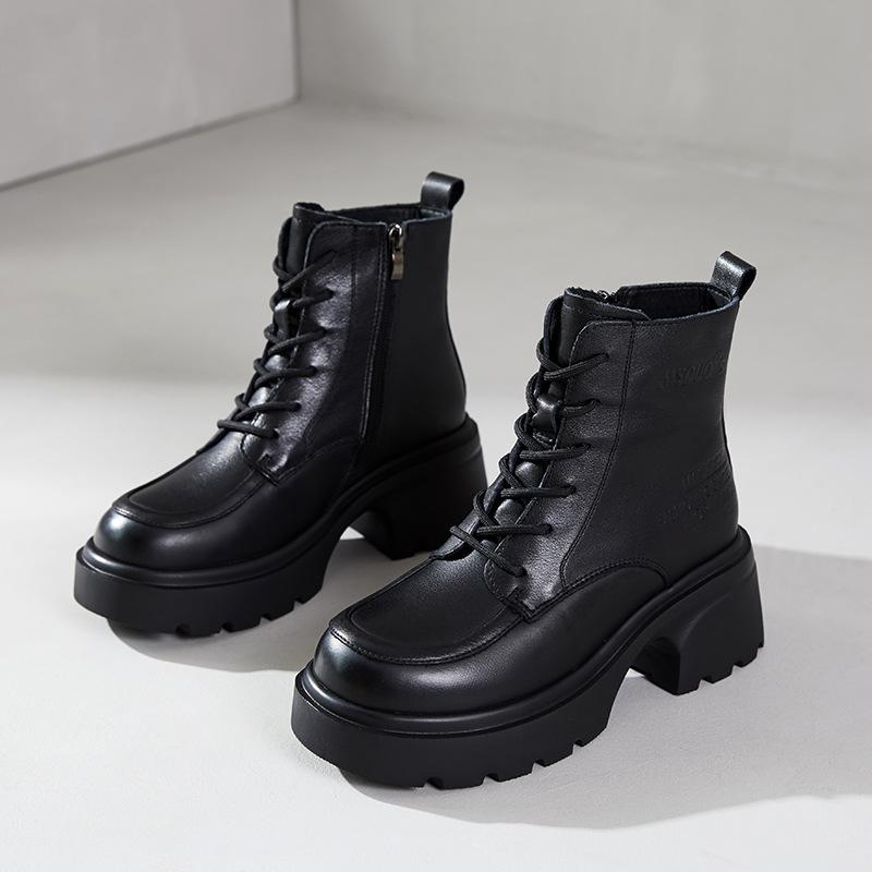 

Первый слой коровьей кожи ботинки Мартин для женщин на осень и зиму 2025 года, новые кожаные ретро ботильоны на шнуровке на толстой пеночной подошве 35