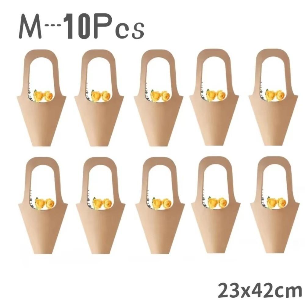10Pcs Handheld Flower Basket Kraft Paper Tote with Handle Flower Paper Box Valentine Day Gift Tote