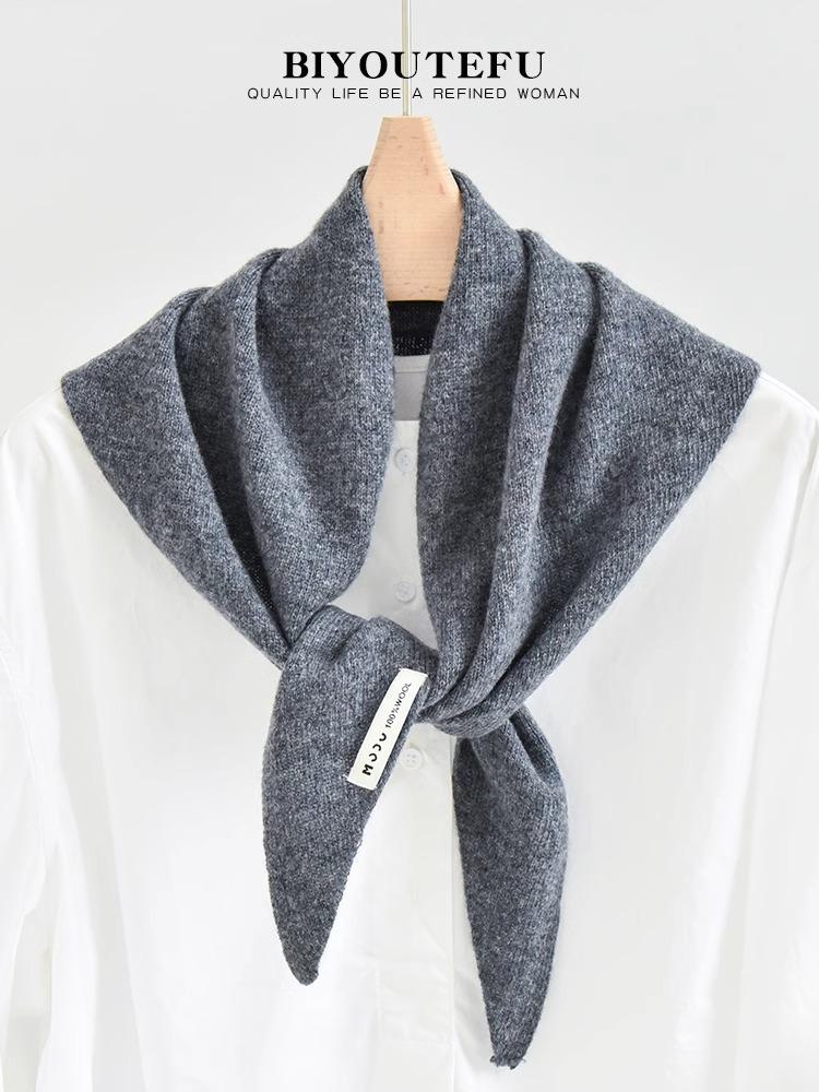 100% Australian Wool Knitted Triangle Scarf Shawl Women's Autumn  Winter Warm Neck Protection Scarf Decorative  Small Scarf