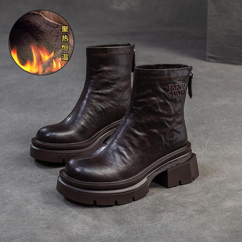 Fashion GKTINOO Genuine Leather Ankle Boots Women Shoes 2025 New Autumn Winter Round Toe Square Heel Zip Handmade Leisure Women Boots