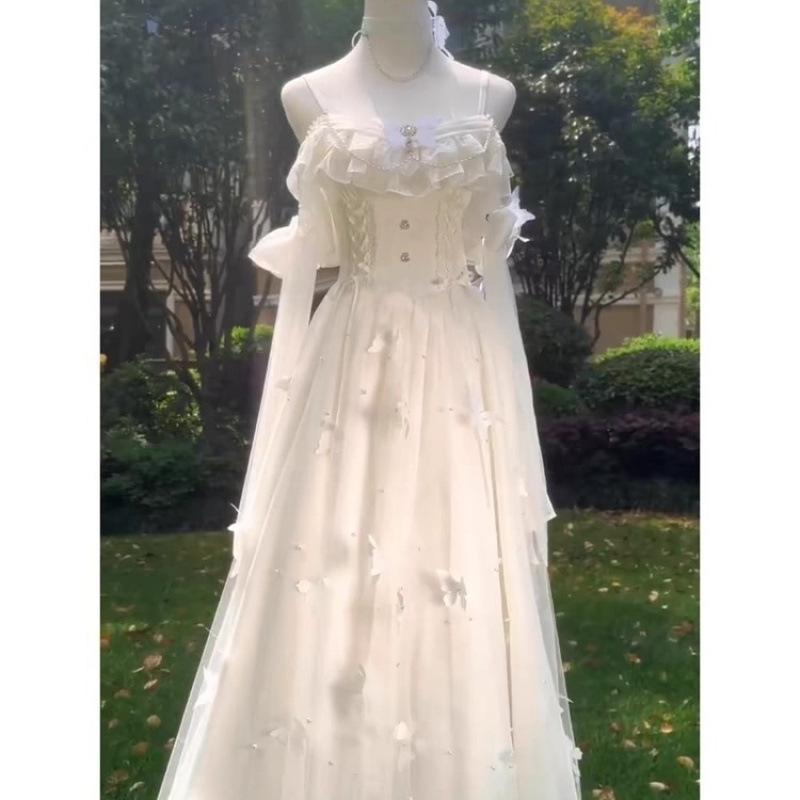 Lolita Göttin Fee Kleid Frühling Sommer Perlen Schmetterling Weiß Lange Urlaub