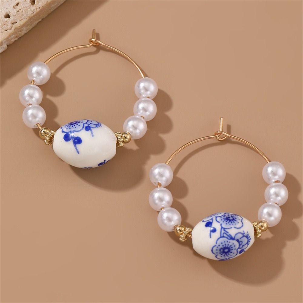 Ceramics Blue and White Porcelain Earrings Bohemia Earrings Flower Beaded Earring  Birthday Gift