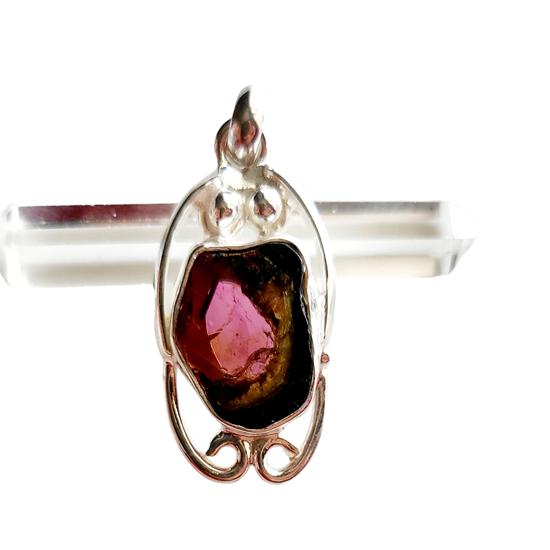 Natural Pink Bi-Color Tourmaline Gemstone 925 Sterling Silver Rare Pendant, Gift