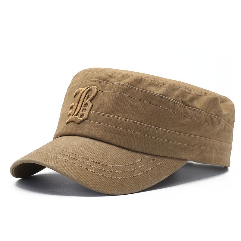 European and American men's pure cotton flat top hat, letter embroidery cap, sports outdoor visor, military hat