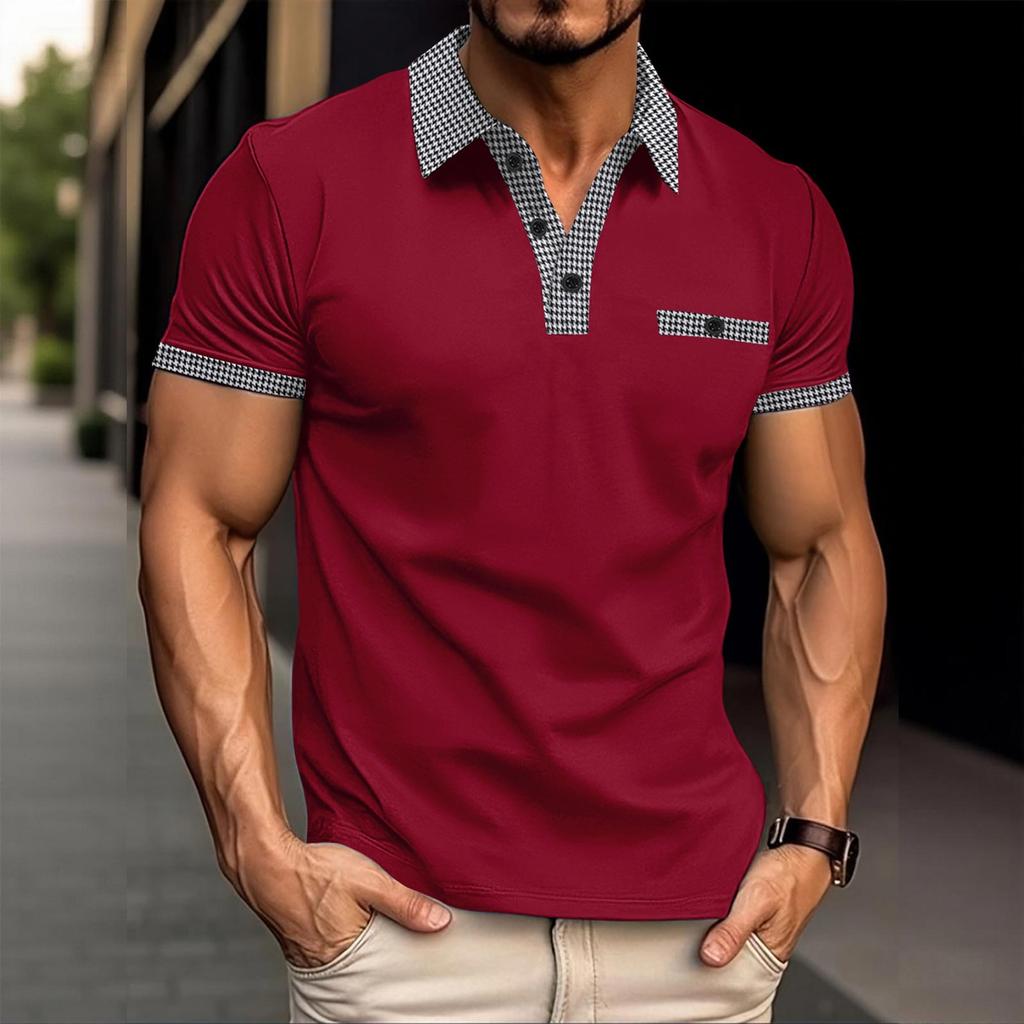 Polo Estiva da Uomo a Colore Unito Manica Corta Casual Traspirante Leggera Misto Cotone Top con Collo e Polsini a Quadretti