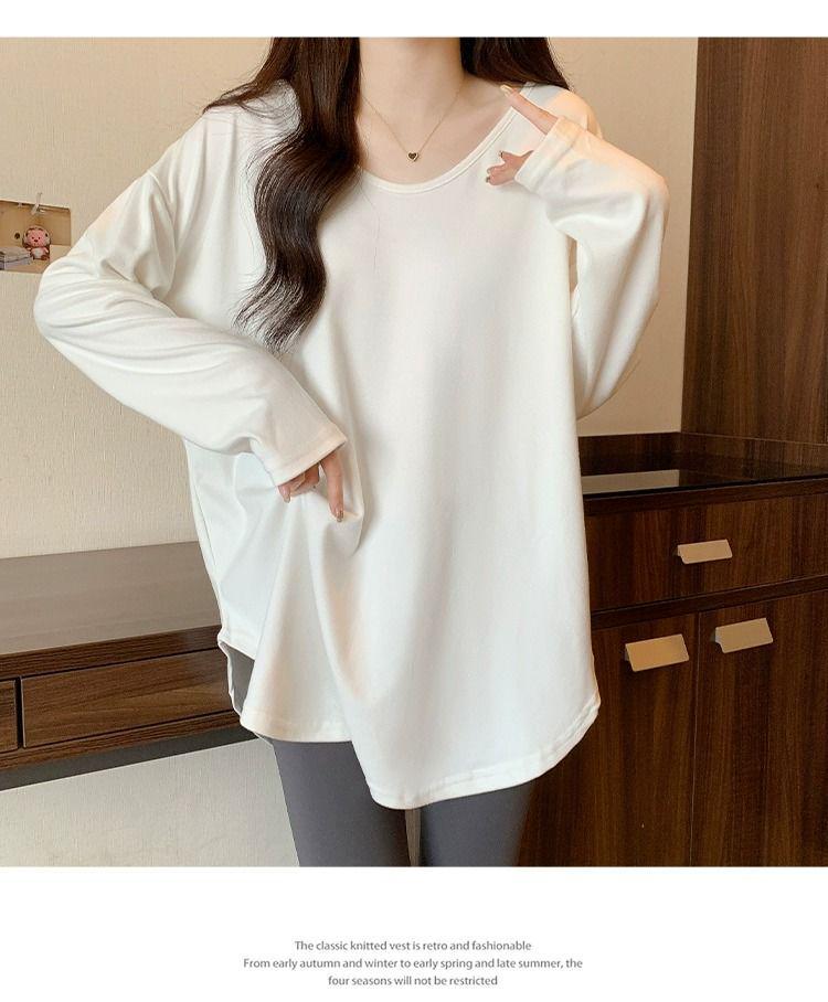 Chemise mi-longue à manches longues pour femme, style coréen, coupe ample - Ourlet incurvé, polyvalente pour l'automne et le printemps