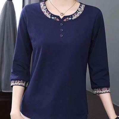 T-shirt da Donna con Manica Media Ricamata Stile Retrò per Mezza Età Top Casual Temperamento