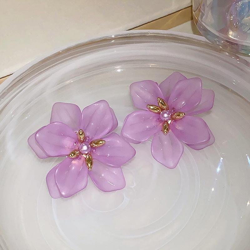 Purple pearl diamond flower earrings Korean fashion geometric stud earrings temperament versatile trend earrings women