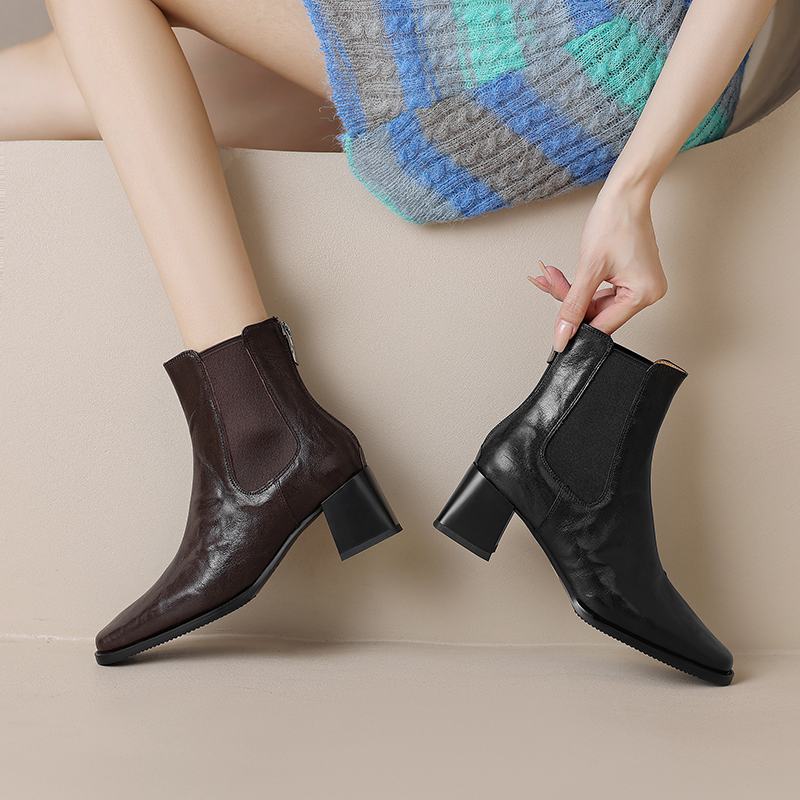 Krazing Pot Sheep Skin Square Toe Winter Med Heels Chelsea Boots Women Zipper Retro Fashion Leisure Ankle Boots