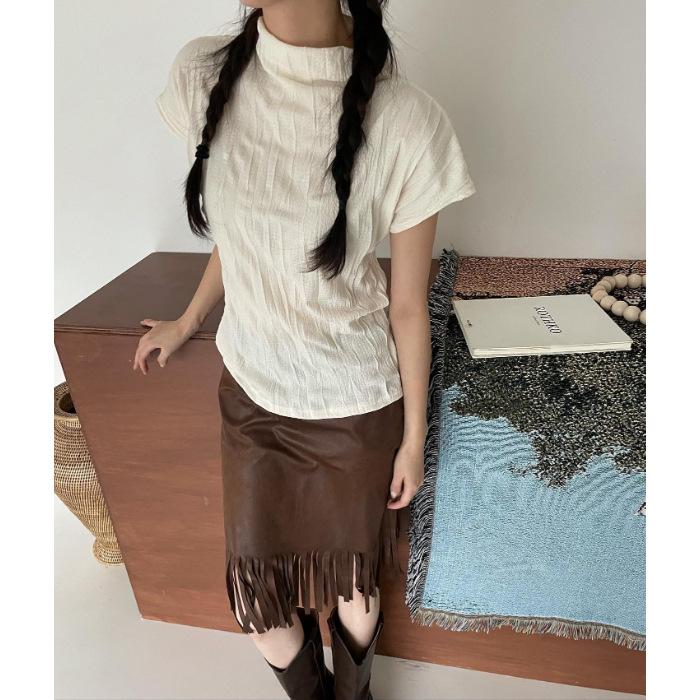 

Американский однотонный ретро облегающий с полувысоким воротником маленький рукав-крылышко орган плиссировка на плече короткий рукав облегающий универсальный топ футболка женская S