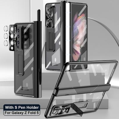 For Samsung Galaxy Z Fold 5 Case Hinge Plating Clear Magnetic Case Fold 4 3 with S Pen Holder Kickstand 360 Full Protector Cover