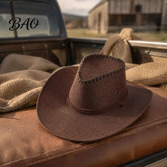 Stiff Brim Gardening Hat Western Cowboy with Windbreak Rope for Men, Wide Linen Sun Foldable Travel Outdoor Travel, Halloween Cosplay Costume,