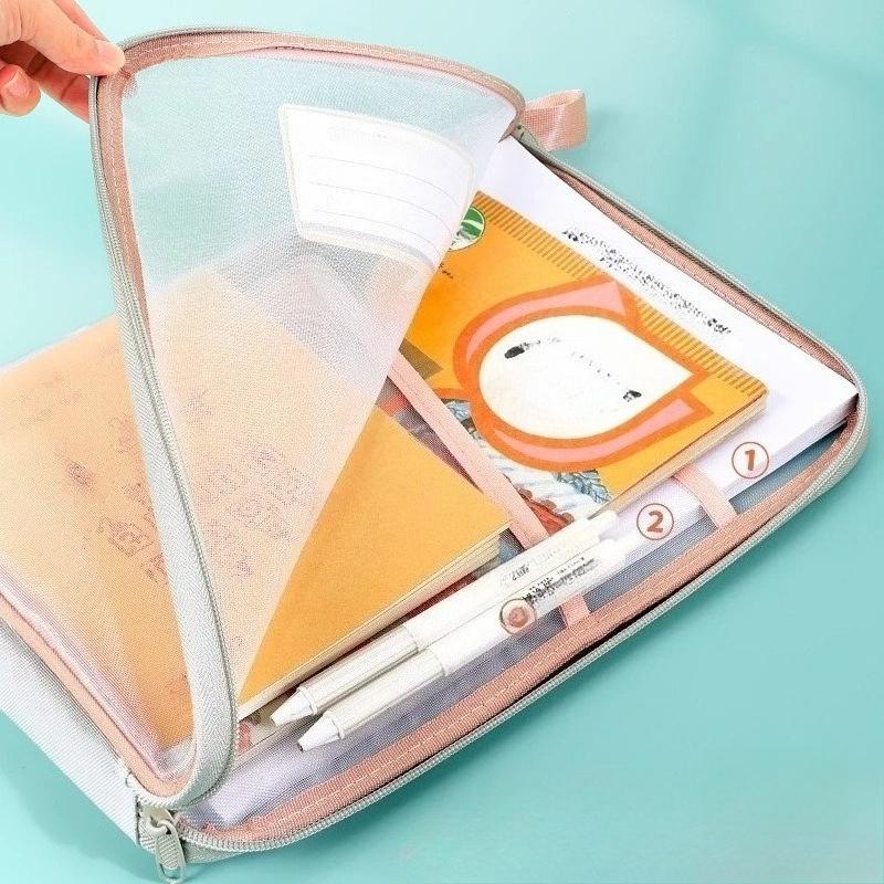 A4 Book Bag for School Double Layer Mesh Organizer Large Capacity Student Essentials Textbooks Folders Storage School Supplies