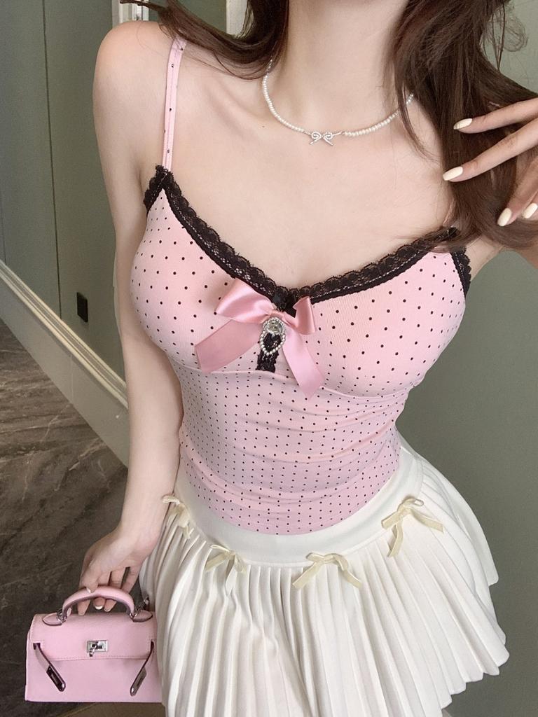 #Early Autumn New Sweet Polished Lace Polka Dot Sling Vest Female Slim and Thin Fixed Belt Chest Pad