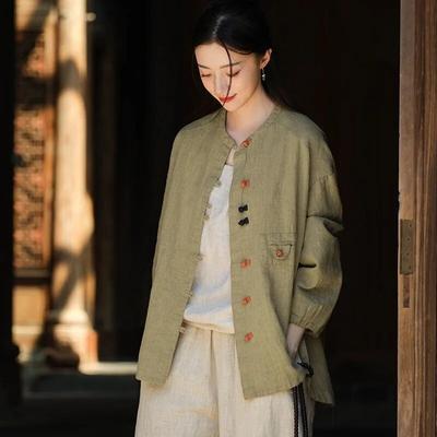 Women Chinese Style Shirts Tops Button Long Sleeve Autumn Blouses Patchwork Vintage Stand Shirts
