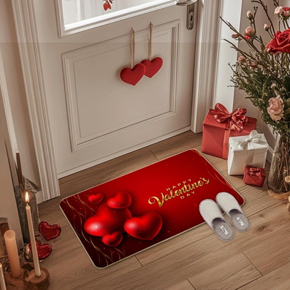 Soft Valentine Day Floor Mat Weaving Texture Rose Door Mat Romantic Heart Anti Slip Mat  Entryway
