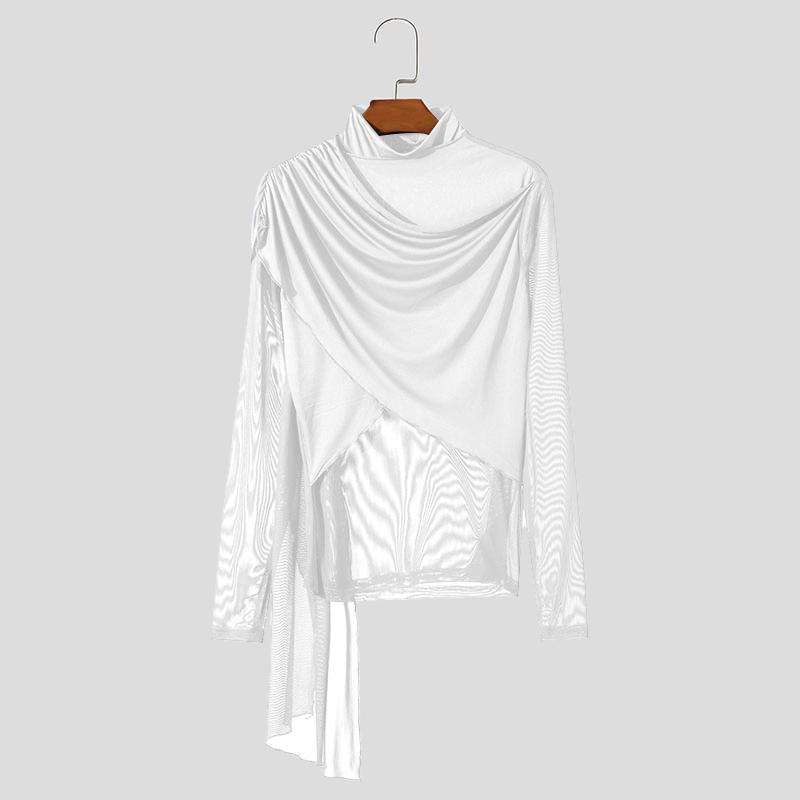 

INCERUN Мужские топы с оборками и высоким воротом, с лоскутным узором спереди, с перекрестными бретелями, сетчатые прозрачные футболки нестандартной формы 3XL белый