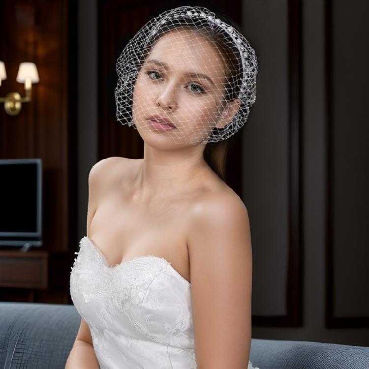 Breathable Face Veil Hairband Bridal Shower Hairhoop Head Accessory with Pearls Decors for Special Occasion Formal Outfit