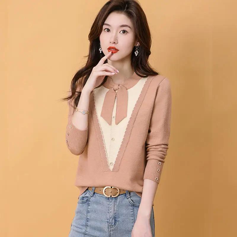 

Шерстяной свитер, женский вязаный свитер с бантом, дизайнерский смысл, осенне-зимняя верхняя одежда, искусственный свитер из двух частей, пуловер, женский