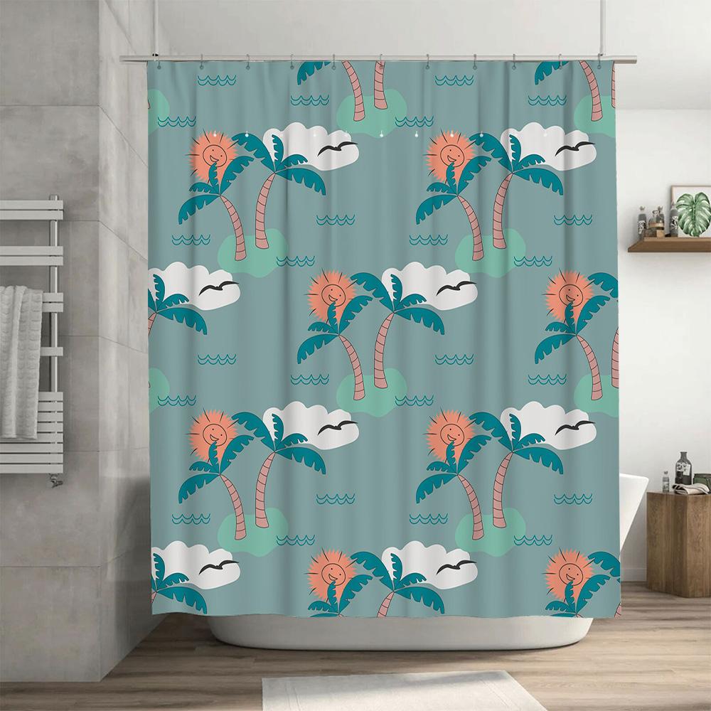 Beach Palm Tree Sun Shower Curtain Waterproof Home Decor For Bathtub Bathroom Cute Blue Floral Design