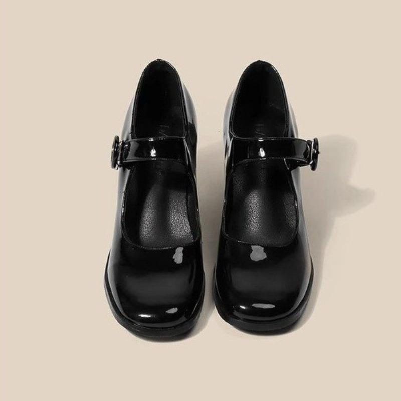 Fashionable and Sexy Female Retro British Style Black One Button Thick Heel Square Toe Single Shoes for Women