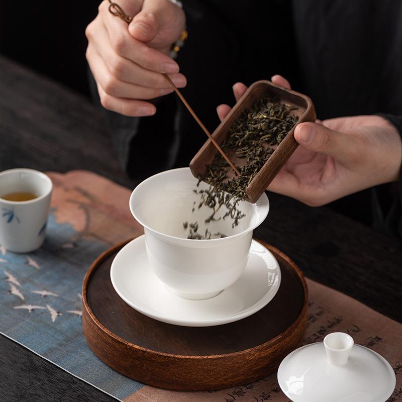 White porcelain suet jade three talent cover bowl single tea bowl household kung fu tea set ceramic tea bowl set