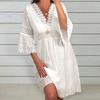 Vestito da Spiaggia da Donna Pizzo Patchwork Traforato Manica a Tromba Tinta Unita Scollo a V Protezione Solare Largo Crochet Copricostume Bikini Abbigliamento Donna