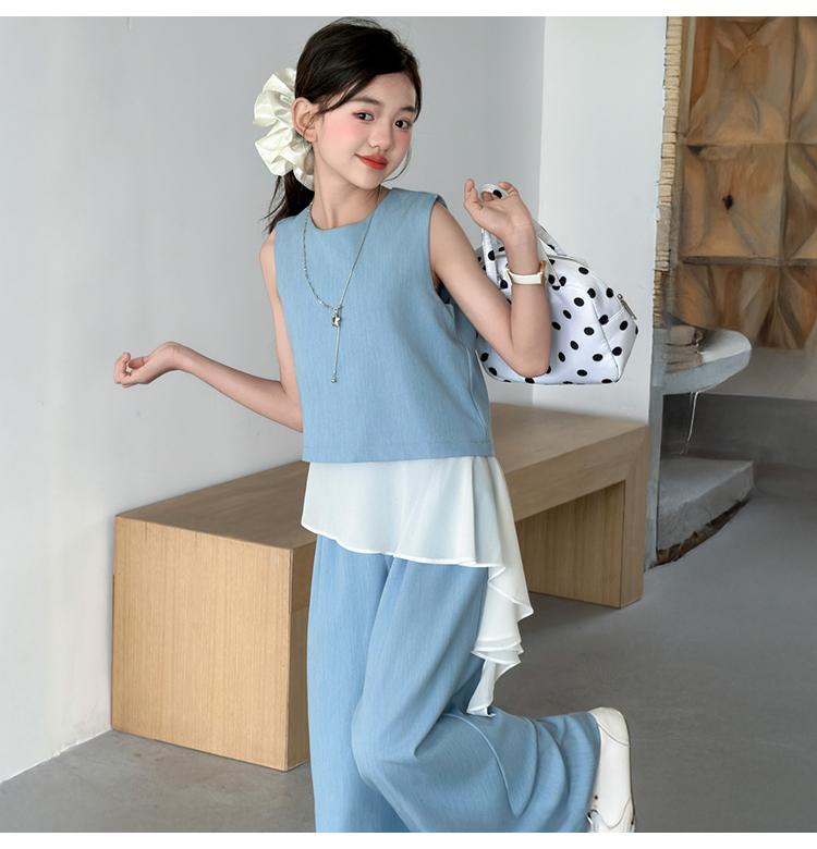 Girls' Set 2026 Summer New Children's Casual Sleeveless Patchwork Top Korean Wide Leg Pants Two-Piece Set Summer