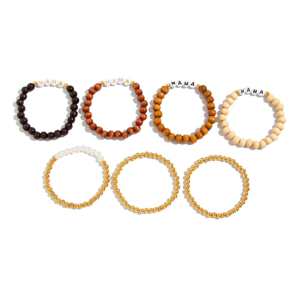 Bohemian Style Wood Bead Stacked Bracelet, Ethnic Style Letter Soft Pottery Round Bead Bracelet Female