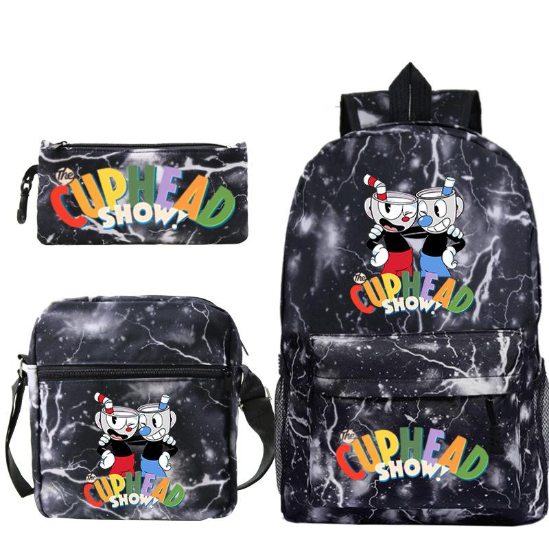 Cartoon Teacup Head Cuphead Student School Bag Backpack Three-piece Set Children's Shoulder Bag Pencil Bag
