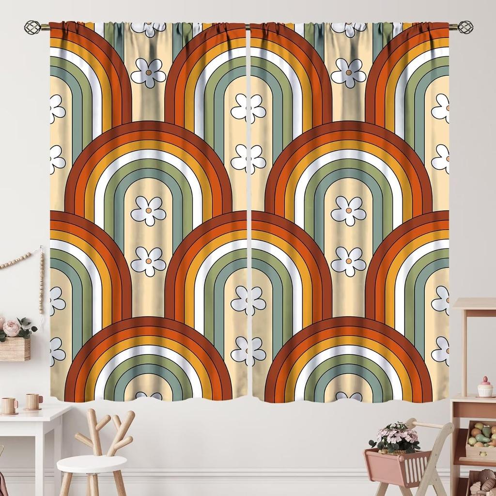 Geometrisch Groovy Patroon Gordijnen Vintage Jaren 70 Retro Jaren 60 Abstracte Kunst Esthetisch Gordijn met Stangzak voor Slaapkamer Woonkamer