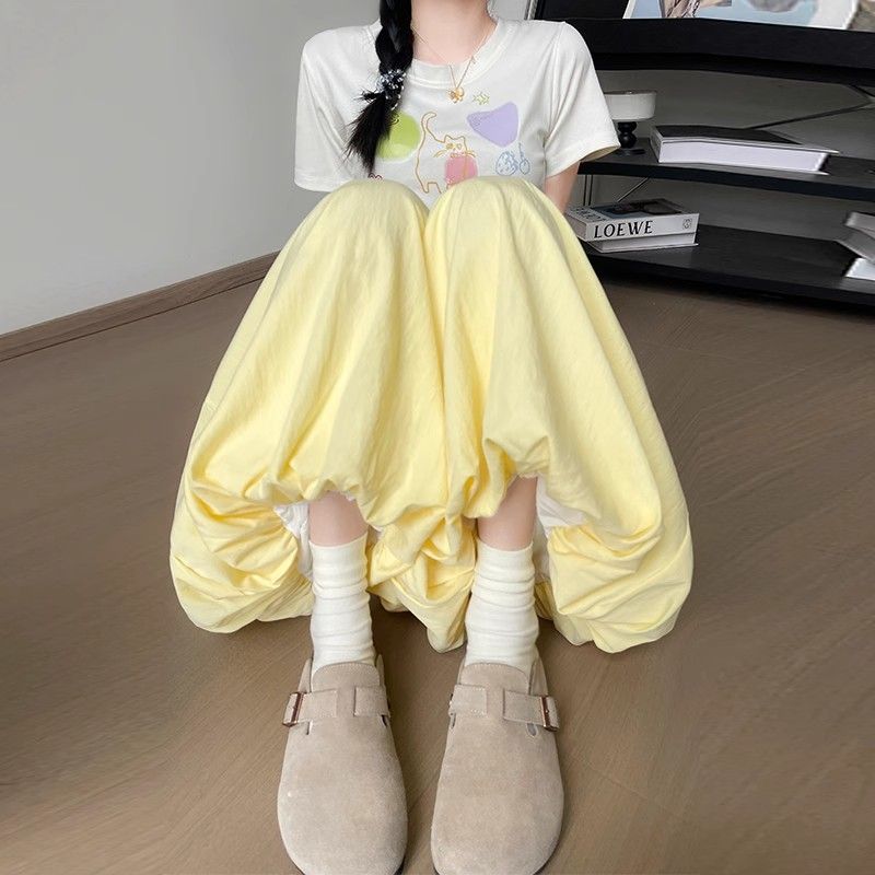 Spring Yellow Flower Bud Skirt Pants Women's Summer New High Waisted, Loose Fit Trousers, Slimming and Drooping Lantern Pants, Casual Wide Leg Pants