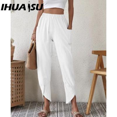 Fall Color Casual Leg Pants Loose Pocket Cotton and Linen Small Leg Pants for Women