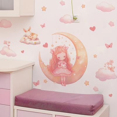 Self-adhesive Cartoon Moon Girl Wall Stickers with Clouds Stars Butterflies for Pink Princess Kids Bedroom Home Decor
