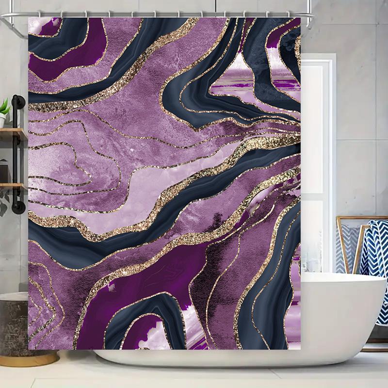 

Modern Geometric Shower Curtain With Metallic Waves 3D Printed Polyester Fabric, Black Purple Gold Decorative Bath Curtains For W60H190(CM)-1 Pcs